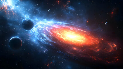 A swirling galaxy with vibrant red and blue hues, three planets, and stars scattered throughout the vast expanse of space.