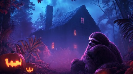 Enchanting Halloween scene of a sloth in front of a haunted house with glowing jack-o-lanterns and eerie forest backdrop.