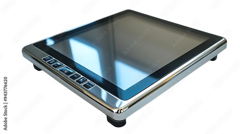 Poster sleek touchscreen device with chrome bezel and buttons, featuring a transparent background