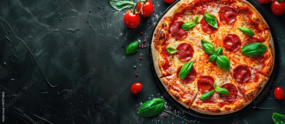 Aufkleber delicious pepperoni pizza with cooking ingredients like tomatoes and basil on a black concrete backg