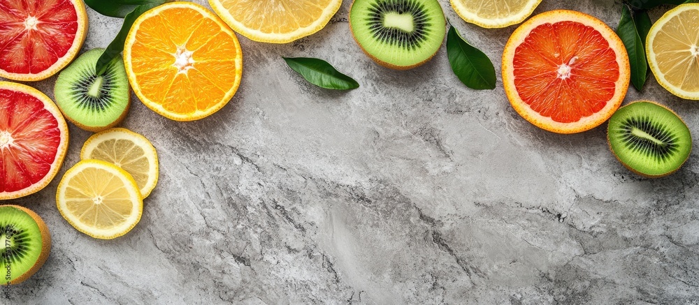 Poster Healthy Food Background Sliced fruits on a gray stone surface including citrus orange lemon kiwi and green leaves Raw food diet. with copy space image. Place for adding text or design