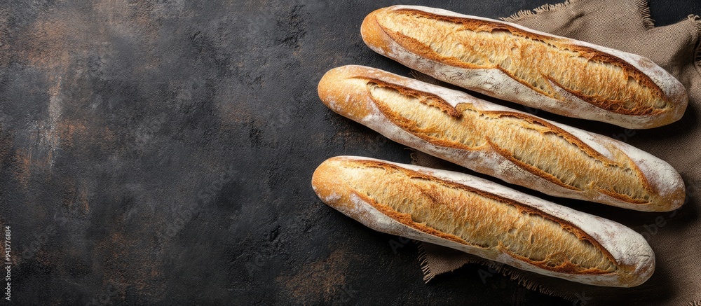 Poster baguette long white bread made from whole wheat flour sourdough and other wheat bread items arranged