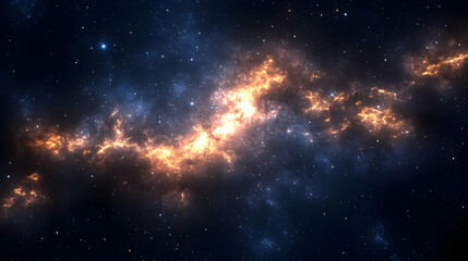 A swirling nebula of orange and blue dust and gas fills the night sky, illuminated by distant stars.