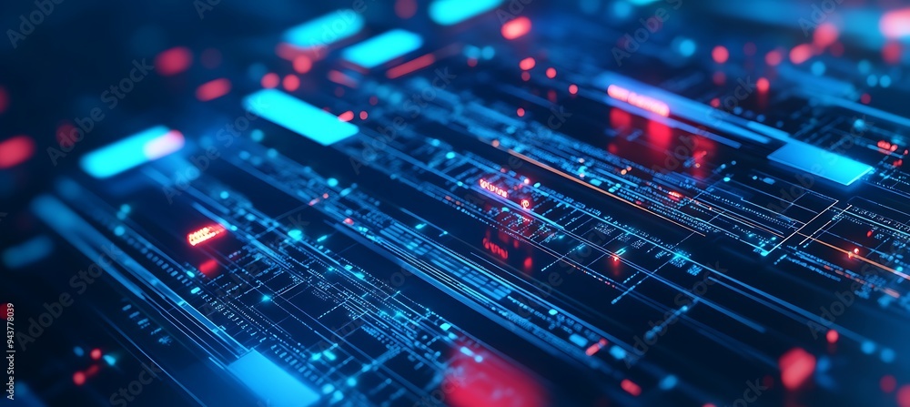 Poster a digital city with floating data hubs and glowing grids