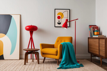A cozy reading nook with a mustard yellow armchair, paired with a bold red floor lamp
