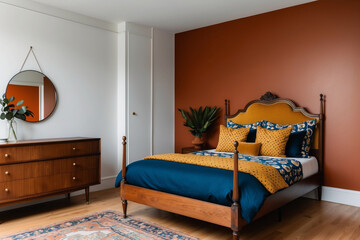 A bedroom with a vintage-inspired wooden bed frame, dressed in bold patterned bedding in deep blue and mustard yellow, contrasted by a burnt orange accent wall.