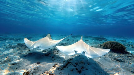 Two graceful stingrays gliding over the sandy ocean floor, illuminated by sunlight filtering through the clear blue water.
