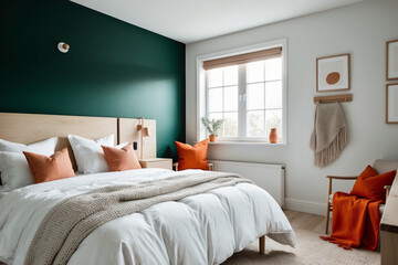 Cozy Scandinavian bedroom with a statement wall painted in deep green, paired with crisp white bedding and vibrant orange throw pillows.