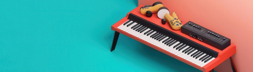 Fototapeta premium Isometric music studio with instruments and sound equipment, creative space, 3D illustration