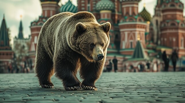 A bear walks on Red Square in Moscow, with the Kremlin in the background. Illustration of Russian national culture.