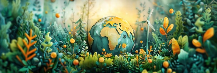 Fototapeta premium Nature illustration of Earth surrounded by vibrant plants and flowers, depicting a healthy environment and ecological balance.