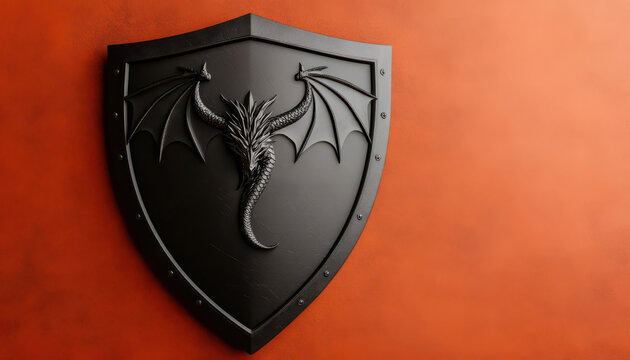 Shield with dragon emblem, medieval fantasy theme, 3D illustration