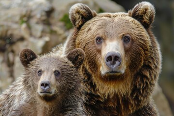 Grizzly bear mother and cub resting together in a natural habitat, close up view