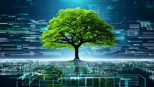 Exploring the intersection of nature and technology with a vibrant tree in a digital landscape