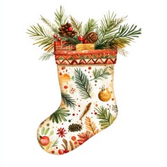 Christmas Stocking with Watercolor Design.