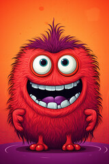 Naklejka premium A friendly red monster with a big smile and two large eyes is standing on a purple platform.