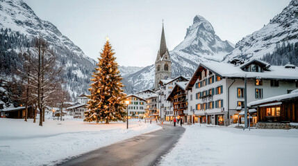 Naklejka premium Winter Wonderland A Charming Village Adorned with Christmas Decorations, Snow-Covered Houses, and a Glowing Tree Set Against a Majestic Mountain Backdrop Capturing the Magic of the Holiday Season