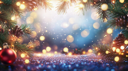 A festive Christmas background with pine branches, ornaments, and bokeh lights creating a warm and magical atmosphere.