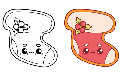 Christmas gingerbread stocking with holly. Isolated outline and color drawing. Festive traditional pastry kawaii cartoon character. Line drawing, coloring book. Vector illustration. Kids collection