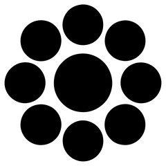 Nine black circles of varying sizes arranged in a cluster on a white background
