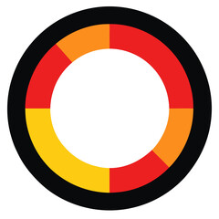 Obraz premium A circular icon with black border, segmented into red, orange, and yellow quarters on white background