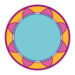 Obraz premium Circular illustration with blue center, surrounded by a ring of pink and yellow petal-like shapes