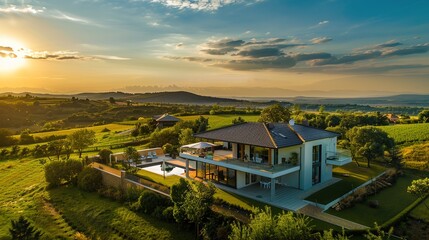 Fototapeta premium Modern luxury house with a swimming pool and landscaped garden, set in a picturesque rural landscape during sunset
