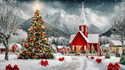 Winter Wonderland A Charming Village Adorned with Christmas Decorations, Snow-Covered Houses, and a Glowing Tree Set Against a Majestic Mountain Backdrop Capturing the Magic of the Holiday Season