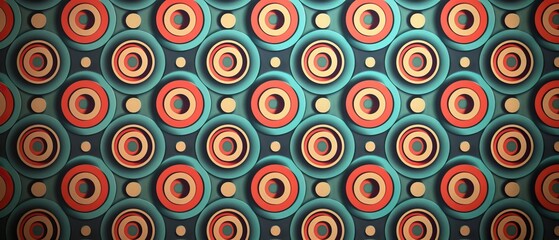 Abstract Geometric Pattern with Nested Circles in Teal, Red, and Yellow