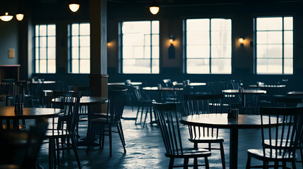 Empty restaurant interior during pandemic closure, chairs stacked on tables, somber atmosphere with soft natural light filtering through windows, symbolizing impact of pandemic on dining industry