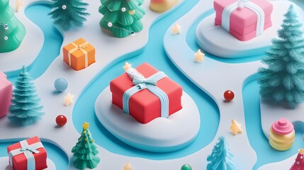 Fototapeta premium Christmas-themed isometric 3D rendering featuring flowing design elements like garlands and gifts
