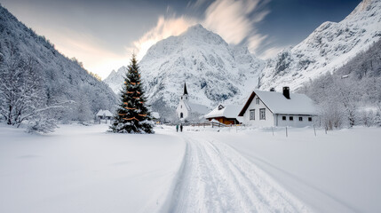 Fototapeta premium Winter Wonderland A Charming Village Adorned with Christmas Decorations, Snow-Covered Houses, and a Glowing Tree Set Against a Majestic Mountain Backdrop Capturing the Magic of the Holiday Season