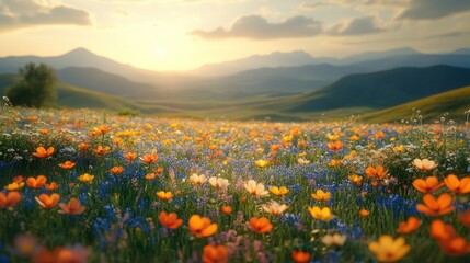 Fototapeta premium Sunlit Meadow with Vibrant Wildflowers