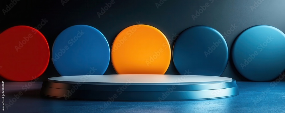 Poster abstract podium with colorful circles in a minimalist design.