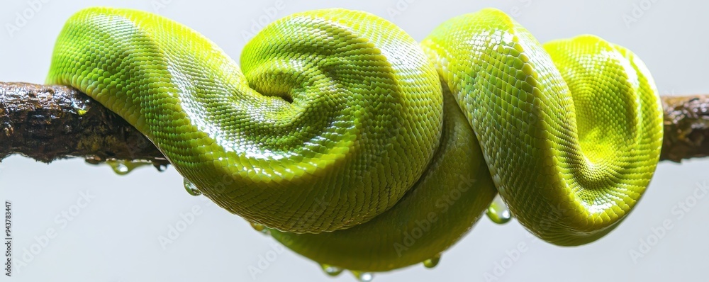 Poster close-up of a vibrant green tree python coiled around a branch, showcasing its vivid scales and natu