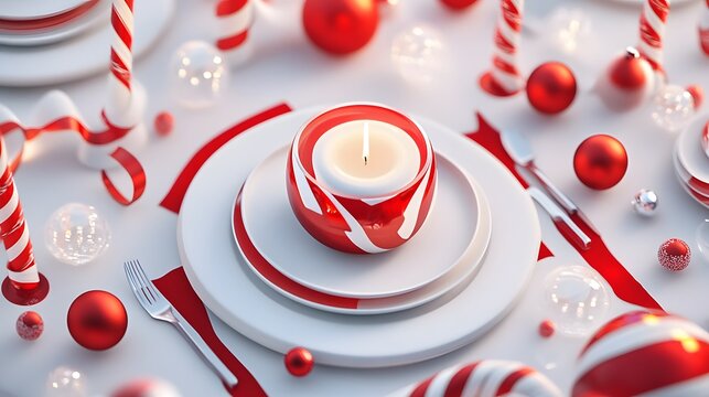 Festive isometric 3D rendering of a Christmas table setting with flowing design elements like ribbons and candles