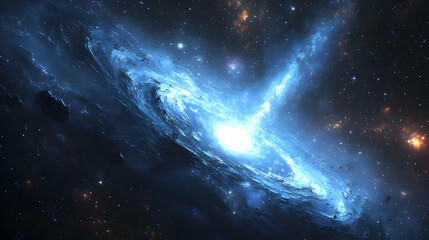 A vibrant blue galaxy with a bright core and swirling arms, set against a dark starry background.