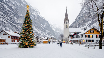 Fototapeta premium Winter Wonderland A Charming Village Adorned with Christmas Decorations, Snow-Covered Houses, and a Glowing Tree Set Against a Majestic Mountain Backdrop Capturing the Magic of the Holiday Season