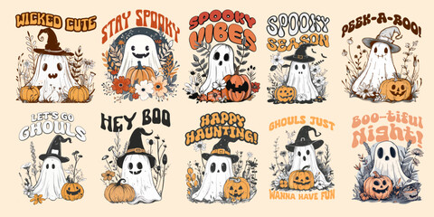 Fototapeta premium Cute ghost graphics set, halloween t shirt design bundle, Boo vector illustration, fall halloween designs collection