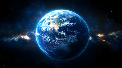 A vibrant blue planet Earth surrounded by the vastness of space with a hazy galaxy in the background.