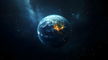 Obraz premium A vibrant blue planet earth with city lights, floating in a dark, starry space.