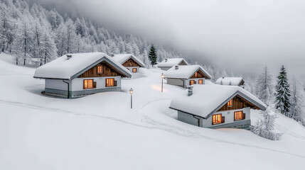 Winter Wonderland A Charming Village Adorned with Christmas Decorations, Snow-Covered Houses, and a Glowing Tree Set Against a Majestic Mountain Backdrop Capturing the Magic of the Holiday Season