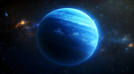 Fototapeta premium A vibrant blue planet in a star-studded space with a glowing galaxy.