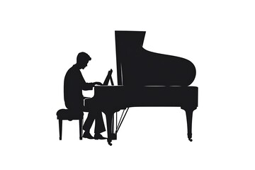Minimalist Black Silhouette of Person Playing Piano on White Background