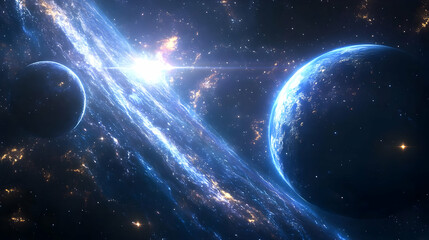 Obraz premium A vibrant blue planet with a glowing ring in a vast cosmic expanse.