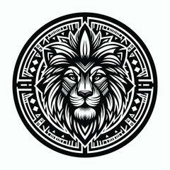 Detailed Black And White Lion Face Mandala Tattoo Style Design Illustration With Intricate Patterns.