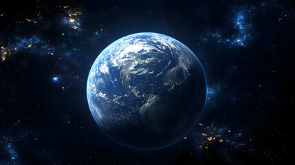 Obraz premium A vibrant blue planet with clouds and swirling galaxies in the background.