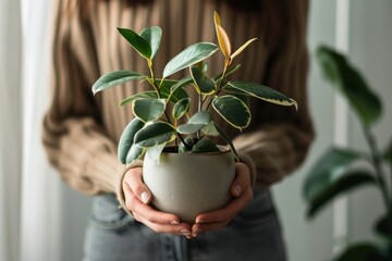 Woman holding a potted plant with green leaves in her hands in bright indoor space
