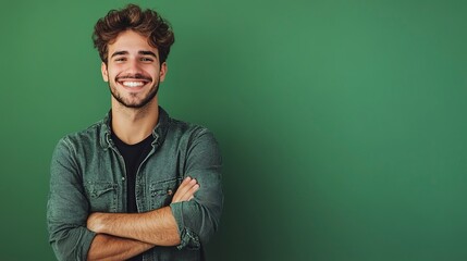 Fototapeta premium Portrait of a happy young man standing with arms crossed isolated over green background