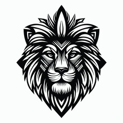 Detailed Black And White Lion Face Mandala Tattoo Style Design Illustration With Intricate Patterns.